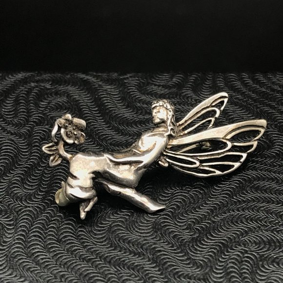 Vintage Jezlaine Sterling Fairy Brooch, Elegant 925 Silver Pin of Pixie and Flow - Picture 4 of 4